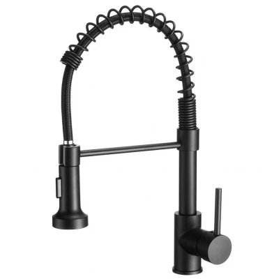 Baterie chiuveta bucatarie neagra cu pipa flexibila tip arc cap extensibil si functie dubla 46cm