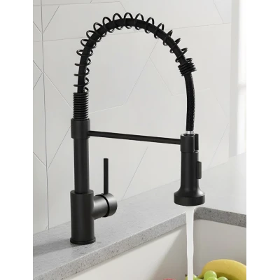 Baterie chiuveta bucatarie neagra cu pipa flexibila tip arc cap extensibil si functie dubla 46cm