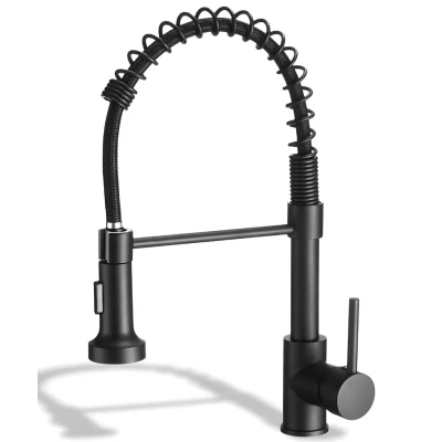 Baterie chiuveta bucatarie neagra cu pipa flexibila tip arc cap extensibil si functie dubla 46cm