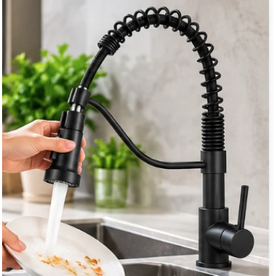 Baterie chiuveta bucatarie neagra cu pipa flexibila tip arc cap extensibil si functie dubla 46cm