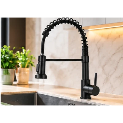 Baterie chiuveta bucatarie neagra cu pipa flexibila tip arc cap extensibil si functie dubla 46cm
