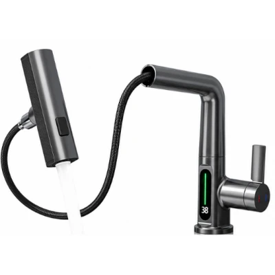 Baterie de bucatarie si baie cu dus extractibil display LED digital 3 moduri de curgere gri antracit