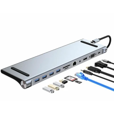 Adaptor Hub Multiport 11 in 1 USB C Docking Station pentru Laptop Q HU990