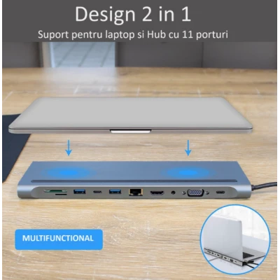 Adaptor Hub Multiport 11 in 1 USB C Docking Station pentru Laptop Q HU990