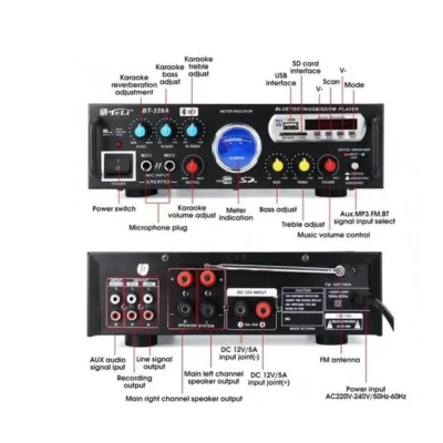 Amplificator audio cu Bluetooth BT-339A statie USB MP3 Radio FM 2x30W / 12V