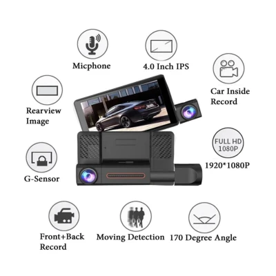 Camera auto de bord tripla Full HD 1080P 3 camere fata+interior+marsarier Senzor de coliziune G-senzor Filmare continua Vedere nocturna