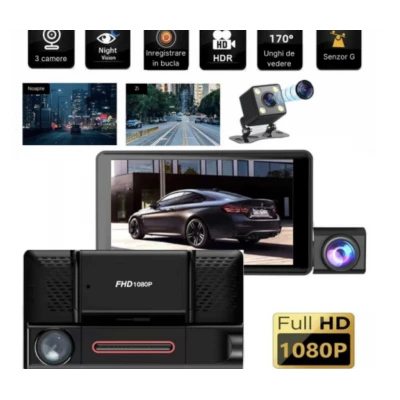 Camera auto de bord tripla Full HD 1080P 3 camere fata+interior+marsarier Senzor de coliziune G-senzor Filmare continua Vedere nocturna