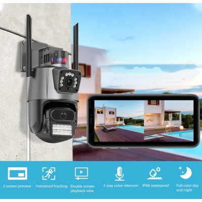 Camera de supraveghere dubla WIFI 8MP exterior/interior Ultra HD 5X zoom comunicare bidirectionala GRI
