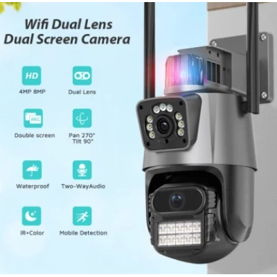 Camera de supraveghere dubla WIFI 8MP exterior/interior Ultra HD 5X zoom comunicare bidirectionala GRI