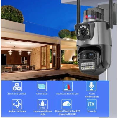 Camera de supraveghere dubla WIFI 8MP exterior/interior Ultra HD 5X zoom rotire alarma senzor miscare AX