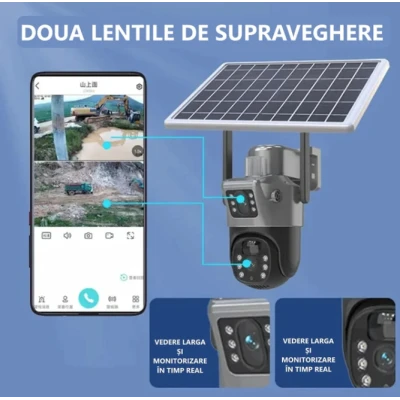 Camera Supraveghere cu Panou Solar 4G PTZ Dual Lens Exterior Rezolutie 2K zoom 10x Optic vedere nocturna GRI