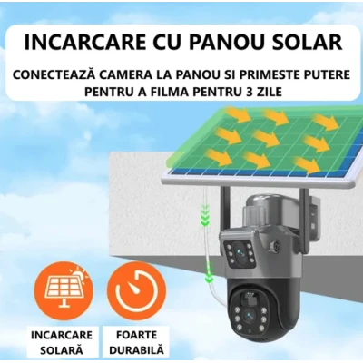 Camera Supraveghere cu Panou Solar 4G PTZ Dual Lens Exterior Rezolutie 2K zoom 10x Optic vedere nocturna GRI