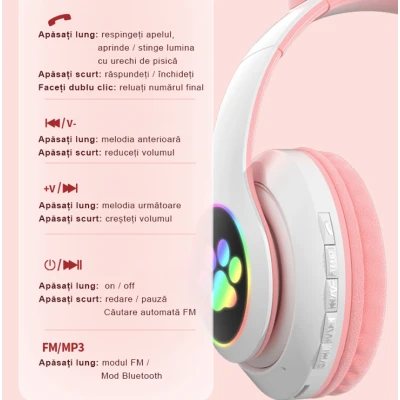 Casti Bluetooth Telefon Pliabile Model Pisica Hi-Fi LED