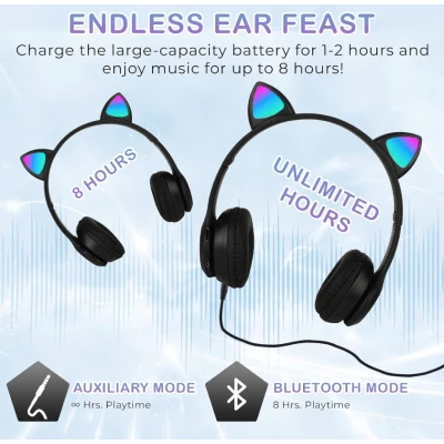 Casti Wireless copii urechi pisica P47M bluetooth handsFree hifi bass stereo LED