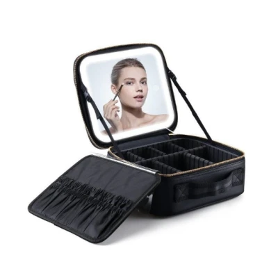 Geanta pentru cosmetice cu oglinda si lumina LED compartiment separat pentru pensule