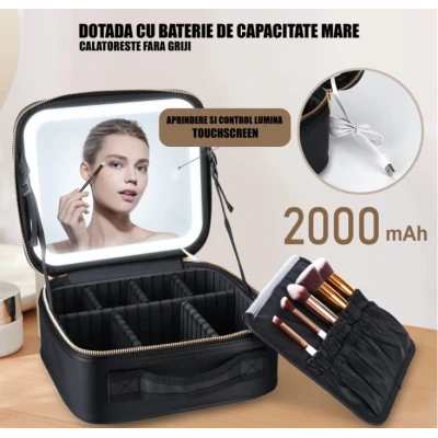 Geanta pentru cosmetice cu oglinda si lumina LED compartiment separat pentru pensule