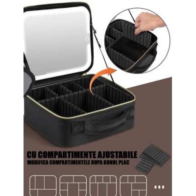 Geanta pentru cosmetice cu oglinda si lumina LED compartiment separat pentru pensule