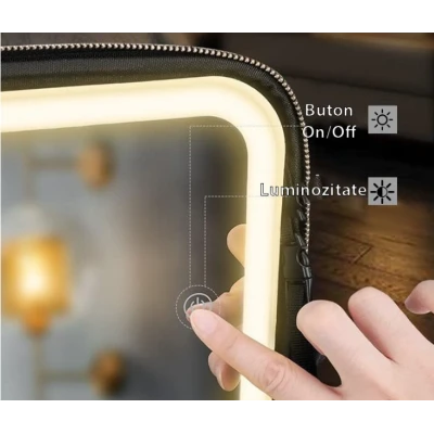 Geanta pentru cosmetice cu oglinda si lumina LED compartiment separat pentru pensule