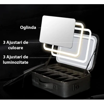 Geanta pentru cosmetice cu oglinda si lumina LED compartiment separat pentru pensule