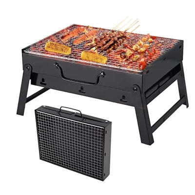 Gratar portabil tip valiza pentru gradina camping plaja din metal negru 27cmx35cmx23cm