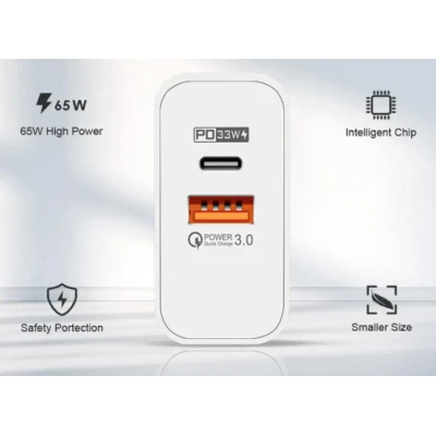 Incarcator de priza putere 65W cu 2 porturi Alb