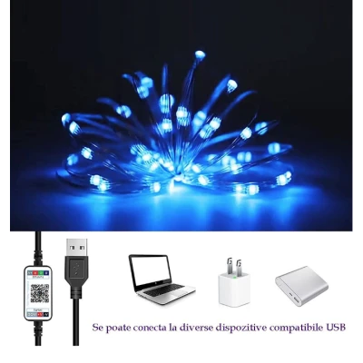 Instalatie decorativa RGB Cu Control Bluetooth Prin Aplicatie 5 metri Luminozitate Reglabila USB Multicolor