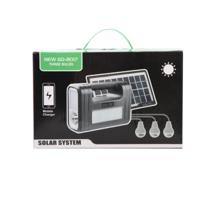 Kit solar GD-Lite 8017 dotat cu dispozitive USB cu 3 becuri LED + acumulator de mare capacitate XL
