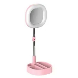 Lampa circulara patrata de machiaj cu oglinda si suport telefon/accesorii