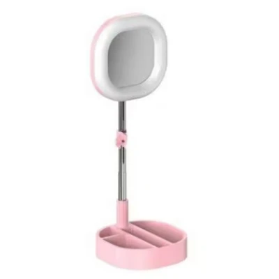 Lampa circulara patrata de machiaj cu oglinda si suport telefon/accesorii