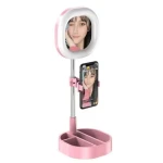 Lampa circulara patrata de machiaj cu oglinda si suport telefon/accesorii