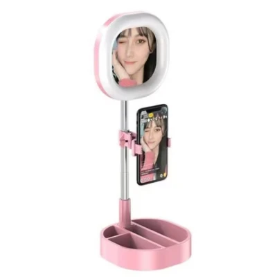 Lampa circulara patrata de machiaj cu oglinda si suport telefon/accesorii