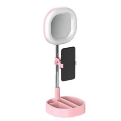Lampa circulara patrata de machiaj cu oglinda si suport telefon/accesorii