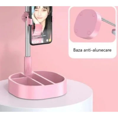 Lampa circulara patrata de machiaj cu oglinda si suport telefon/accesorii