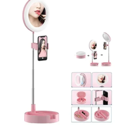 Lampa circulara patrata de machiaj cu oglinda si suport telefon/accesorii