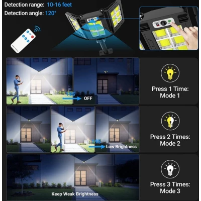Lampa solara 30w tripla de perete cu senzor de lumina si miscare cu telecomanda