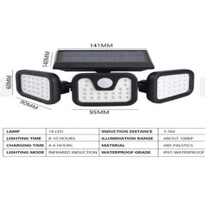 Lampa Solara Tripla cu Panou Solar Incorporat 74 LED SMD Reglabila 360 grade FL 1725A