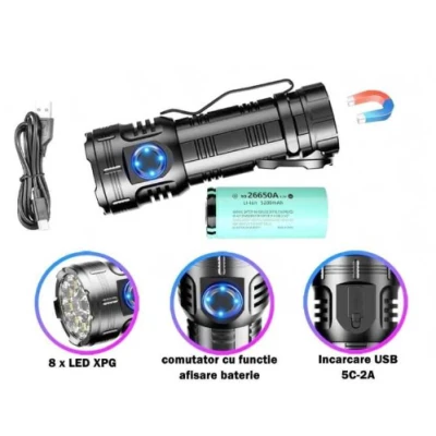 Lanterna compacta de aluminiu BL F82 cu 8 LED XPG magnet si clips incarcare USB acumulator 26650 Lumina Rosie SOS