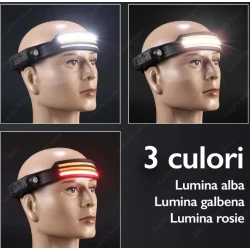 Lanterna de cap LED W689 3 sursa 3 x XPE COB profesionala acumulator 1200mah senzor miscare lumina rosie alb galben