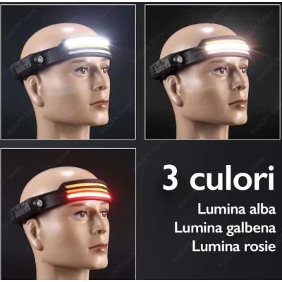 Lanterna de cap LED W689 3 sursa 3 x XPE COB profesionala acumulator 1200mah senzor miscare lumina rosie alb galben