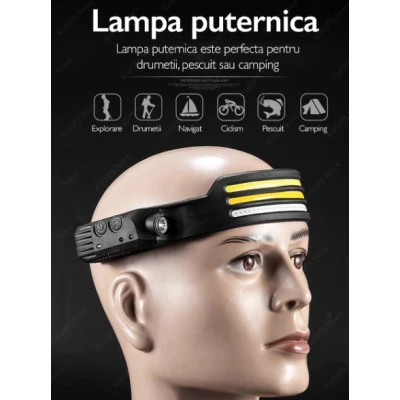 Lanterna de cap LED W689 3 sursa 3 x XPE COB profesionala acumulator 1200mah senzor miscare lumina rosie alb galben