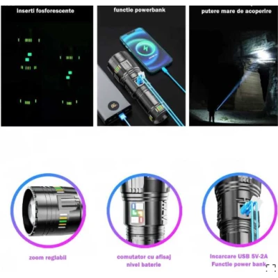 Lanterna profesionala BL G601 putere 300W fiabilitate 4 acumulatori 18650 Incarcare USB 5km