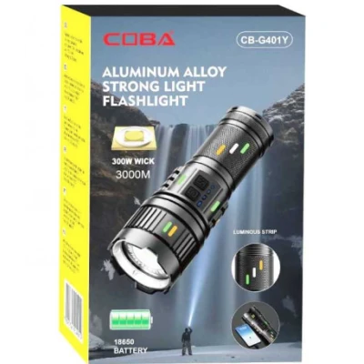 Lanterna profesionala COBA G401Y putere 300W fiabilitate si tehnologie avansata 4 acumulatori 18650 Incarcare USB