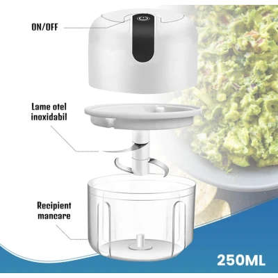 Mini tocator electric de bucatarie incarcare USB 250ml cu 3 lame Alb