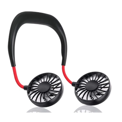 Mini ventilator portabil dublu pentru gat cu acumulator si 3 trepte de viteza ROSU/NEGRU OFF