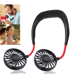 Mini ventilator portabil dublu pentru gat cu acumulator si 3 trepte de viteza ROSU/NEGRU OFF