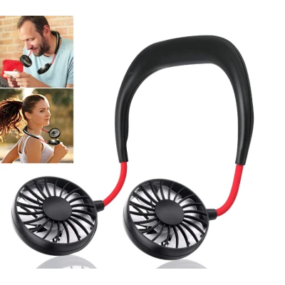 Mini ventilator portabil dublu pentru gat cu acumulator si 3 trepte de viteza ROSU/NEGRU OFF