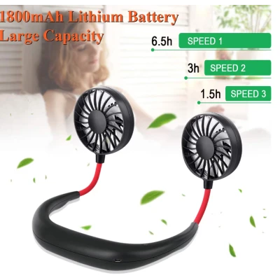 Mini ventilator portabil dublu pentru gat cu acumulator si 3 trepte de viteza ROSU/NEGRU OFF