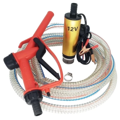 Pachet pompa transfer benzina motorina si alte lichide 12V cu furtun  3 metri si pistol