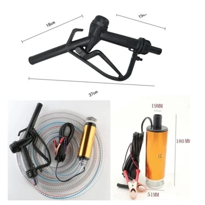 Pachet pompa transfer benzina motorina si alte lichide 12V cu furtun  3 metri si pistol