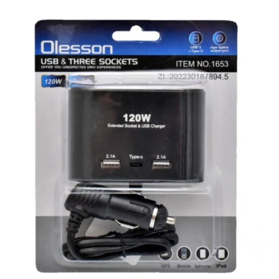 Priza auto 3 cai si USB 120W Olesson 1653